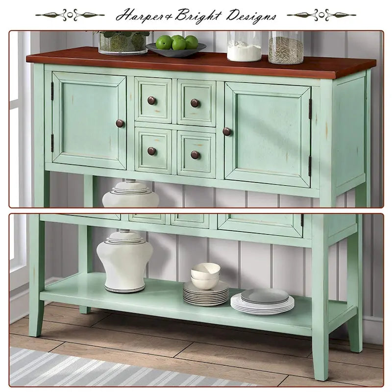 Console, 4 tiroirs, 2 placards, étagère inférieure, pieds fuselés, pin et MDF, bleu rétro / marine / blanc / expresso / gris, 1 personne
