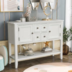 Console, 4 tiroirs, 2 placards, étagère inférieure, pieds fuselés, pin et MDF, bleu rétro / marine / blanc / expresso / gris, 1 personne