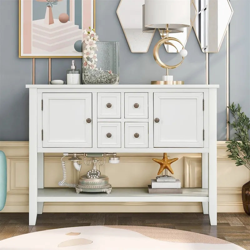 Console, 4 tiroirs, 2 placards, étagère inférieure, pieds fuselés, pin et MDF, bleu rétro / marine / blanc / expresso / gris, 1 personne