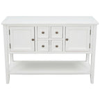 Console, 4 tiroirs, 2 placards, étagère inférieure, pieds fuselés, pin et MDF, bleu rétro / marine / blanc / expresso / gris, 1 personne