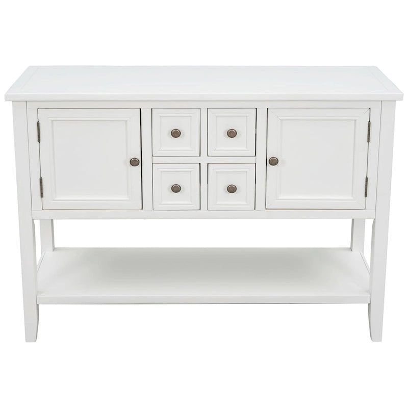 Console, 4 tiroirs, 2 placards, étagère inférieure, pieds fuselés, pin et MDF, bleu rétro / marine / blanc / expresso / gris, 1 personne