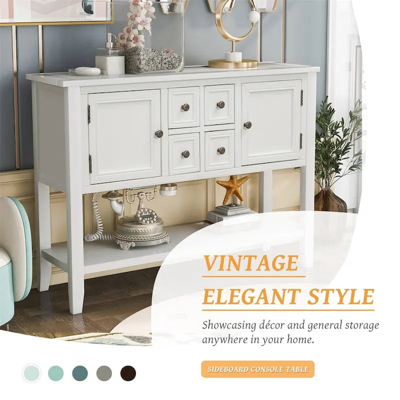 Console, 4 tiroirs, 2 placards, étagère inférieure, pieds fuselés, pin et MDF, bleu rétro / marine / blanc / expresso / gris, 1 personne