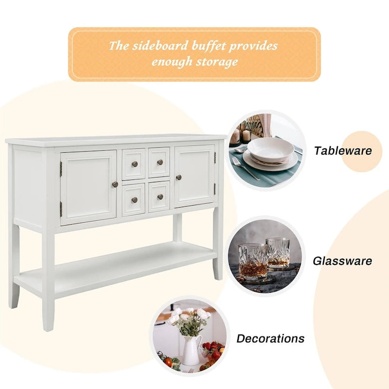 Console, 4 tiroirs, 2 placards, étagère inférieure, pieds fuselés, pin et MDF, bleu rétro / marine / blanc / expresso / gris, 1 personne