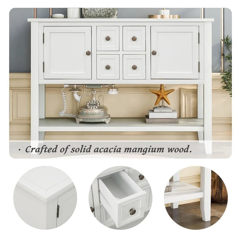 Console, 4 tiroirs, 2 placards, étagère inférieure, pieds fuselés, pin et MDF, bleu rétro / marine / blanc / expresso / gris, 1 personne