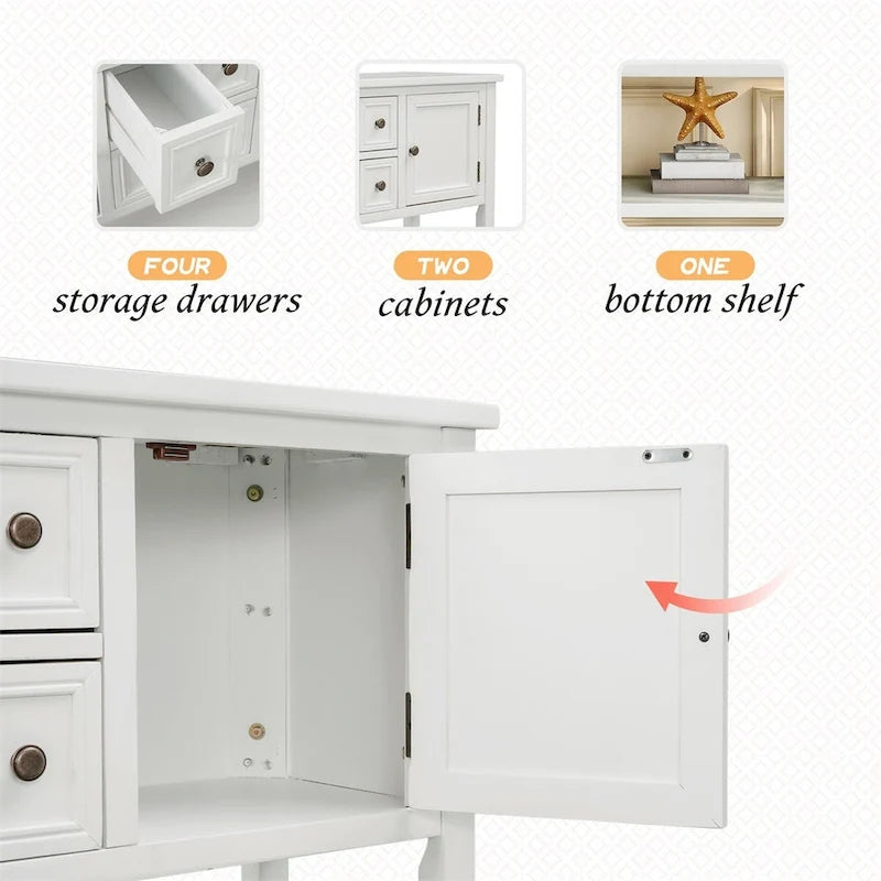 Console, 4 tiroirs, 2 placards, étagère inférieure, pieds fuselés, pin et MDF, bleu rétro / marine / blanc / expresso / gris, 1 personne