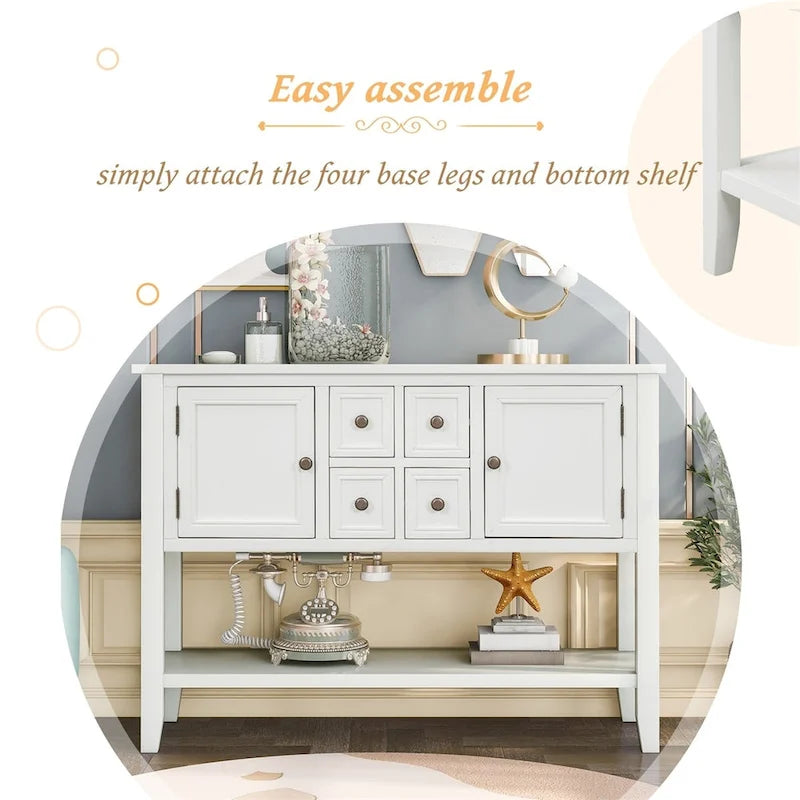 Console, 4 tiroirs, 2 placards, étagère inférieure, pieds fuselés, pin et MDF, bleu rétro / marine / blanc / expresso / gris, 1 personne