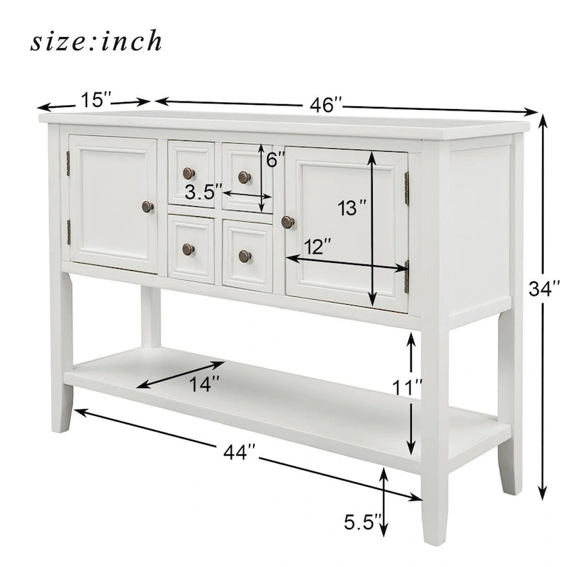 Console, 4 tiroirs, 2 placards, étagère inférieure, pieds fuselés, pin et MDF, bleu rétro / marine / blanc / expresso / gris, 1 personne