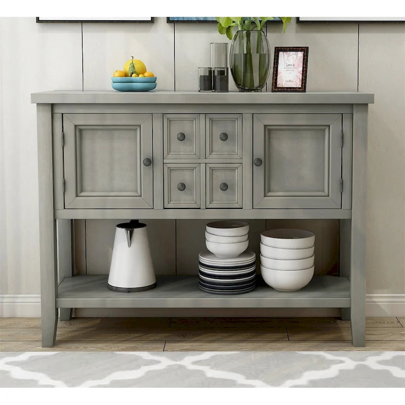 Console, 4 tiroirs, 2 placards, étagère inférieure, pieds fuselés, pin et MDF, bleu rétro / marine / blanc / expresso / gris, 1 personne