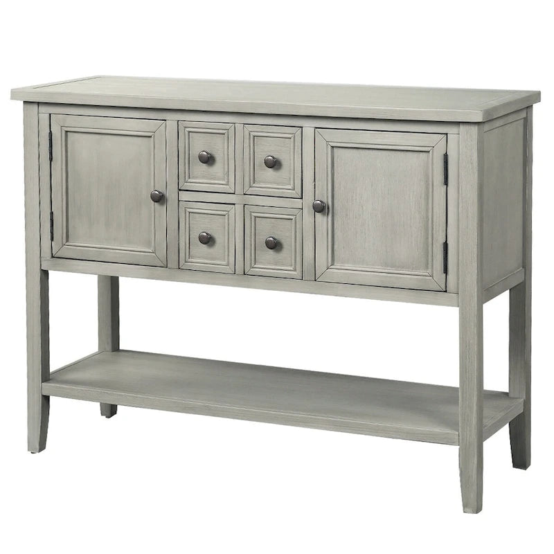 Console, 4 tiroirs, 2 placards, étagère inférieure, pieds fuselés, pin et MDF, bleu rétro / marine / blanc / expresso / gris, 1 personne