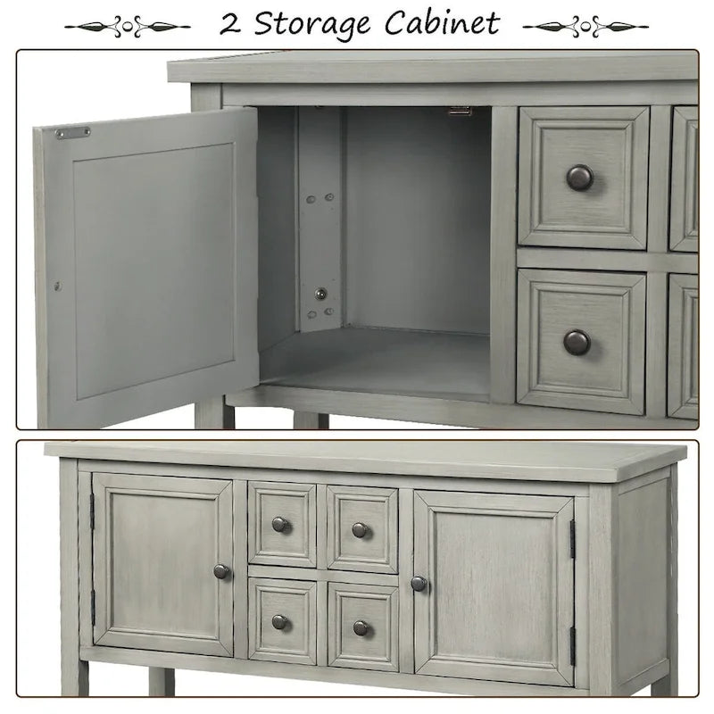 Console, 4 tiroirs, 2 placards, étagère inférieure, pieds fuselés, pin et MDF, bleu rétro / marine / blanc / expresso / gris, 1 personne