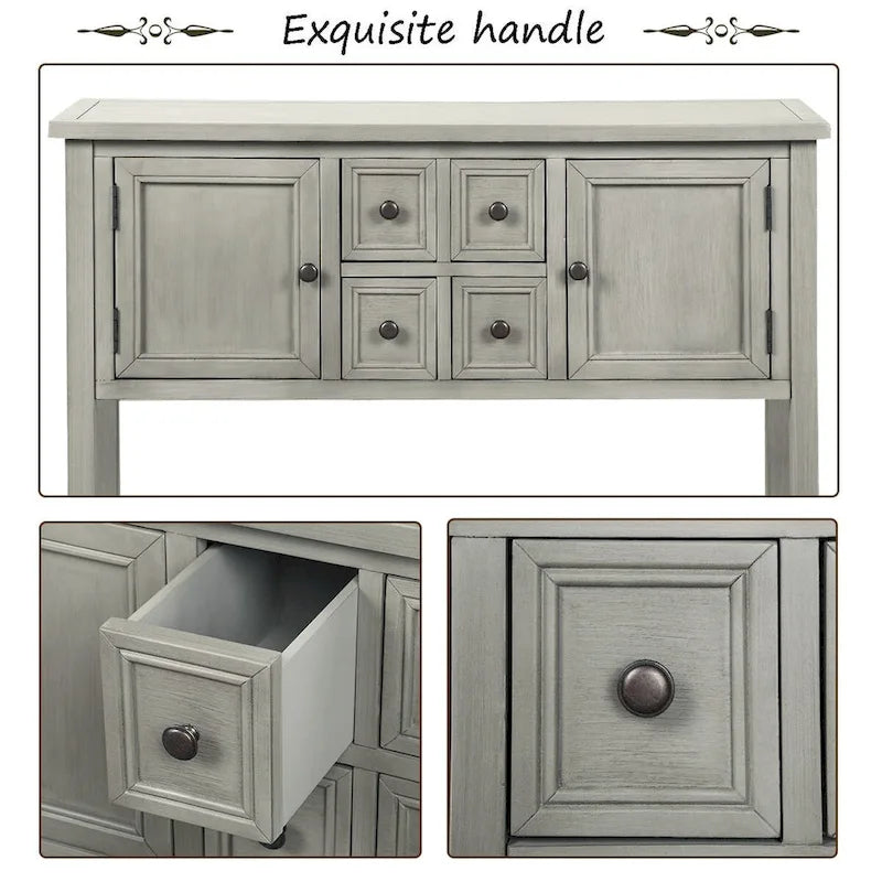 Console, 4 tiroirs, 2 placards, étagère inférieure, pieds fuselés, pin et MDF, bleu rétro / marine / blanc / expresso / gris, 1 personne