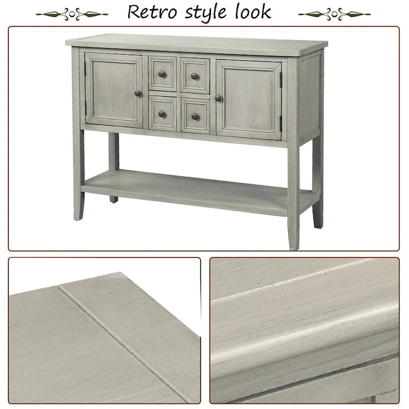 Console, 4 tiroirs, 2 placards, étagère inférieure, pieds fuselés, pin et MDF, bleu rétro / marine / blanc / expresso / gris, 1 personne