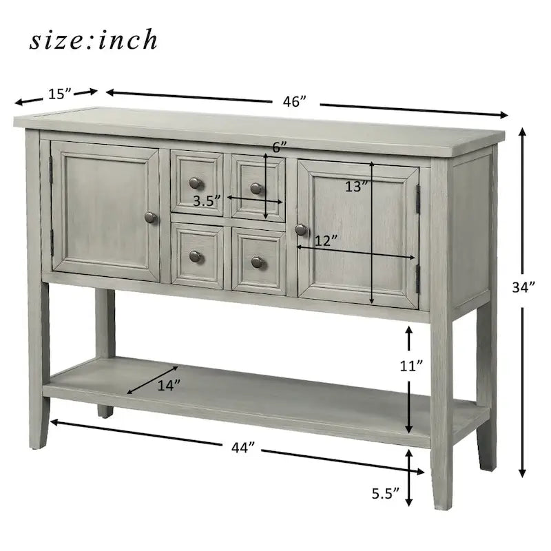 Console, 4 tiroirs, 2 placards, étagère inférieure, pieds fuselés, pin et MDF, bleu rétro / marine / blanc / expresso / gris, 1 personne