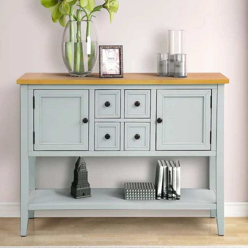 Console, 4 tiroirs, 2 placards, étagère inférieure, pieds fuselés, pin et MDF, bleu rétro / marine / blanc / expresso / gris, 1 personne