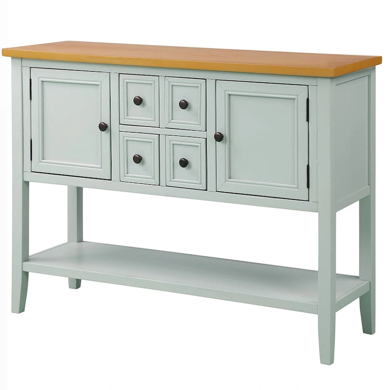 Console, 4 tiroirs, 2 placards, étagère inférieure, pieds fuselés, pin et MDF, bleu rétro / marine / blanc / expresso / gris, 1 personne