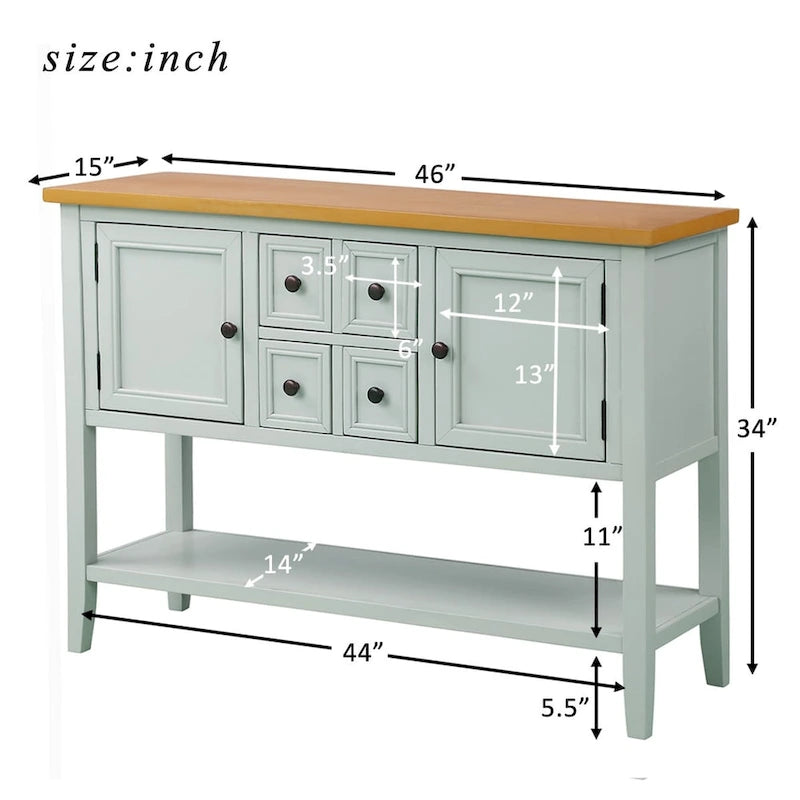 Console, 4 tiroirs, 2 placards, étagère inférieure, pieds fuselés, pin et MDF, bleu rétro / marine / blanc / expresso / gris, 1 personne