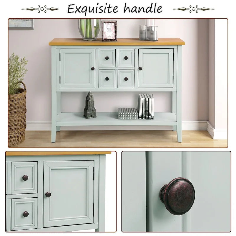Console, 4 tiroirs, 2 placards, étagère inférieure, pieds fuselés, pin et MDF, bleu rétro / marine / blanc / expresso / gris, 1 personne