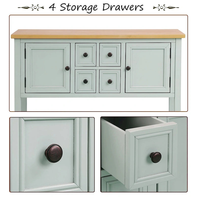 Console, 4 tiroirs, 2 placards, étagère inférieure, pieds fuselés, pin et MDF, bleu rétro / marine / blanc / expresso / gris, 1 personne