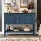 Console, 4 tiroirs, 2 placards, étagère inférieure, pieds fuselés, pin et MDF, bleu rétro / marine / blanc / expresso / gris, 1 personne