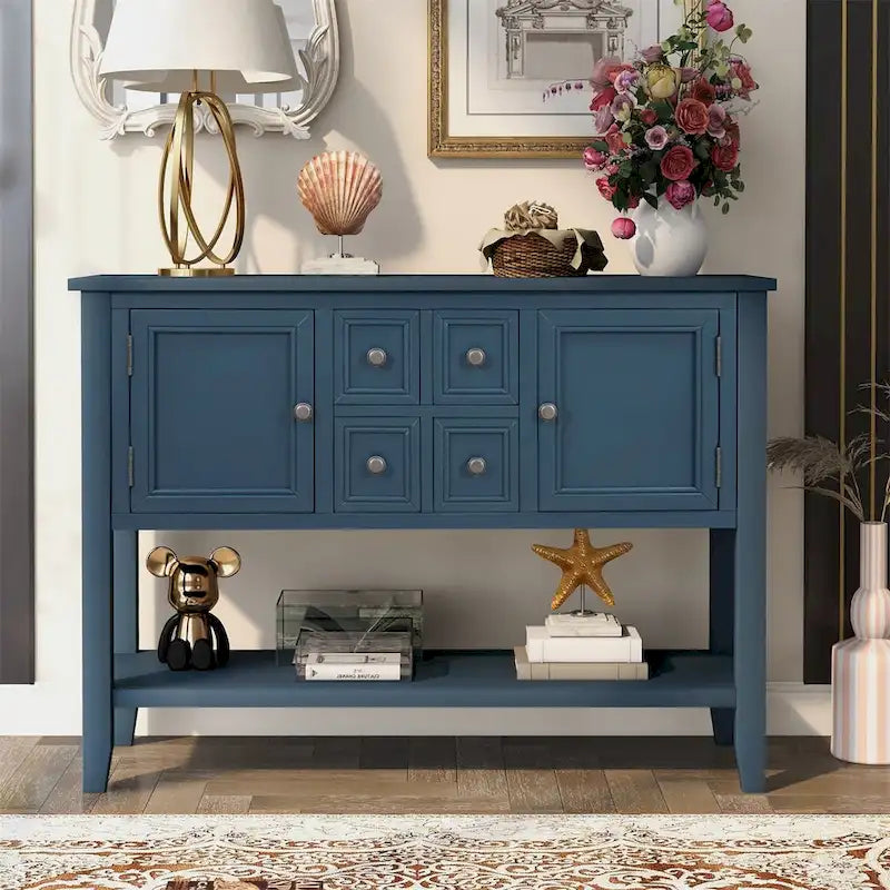 Console, 4 tiroirs, 2 placards, étagère inférieure, pieds fuselés, pin et MDF, bleu rétro / marine / blanc / expresso / gris, 1 personne