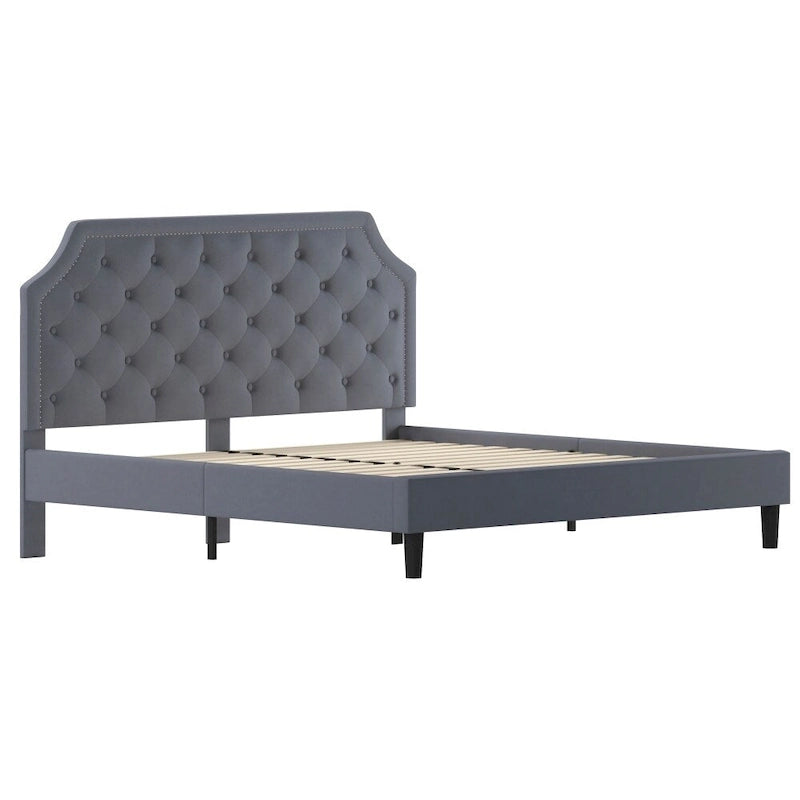 Lit plateforme Queen, tête de lit à panneau arqué, capitonnée, garniture cloutée, 15 lattes en bois, profil bas, gris clair / beige / gris foncé / noir, 2 personnes