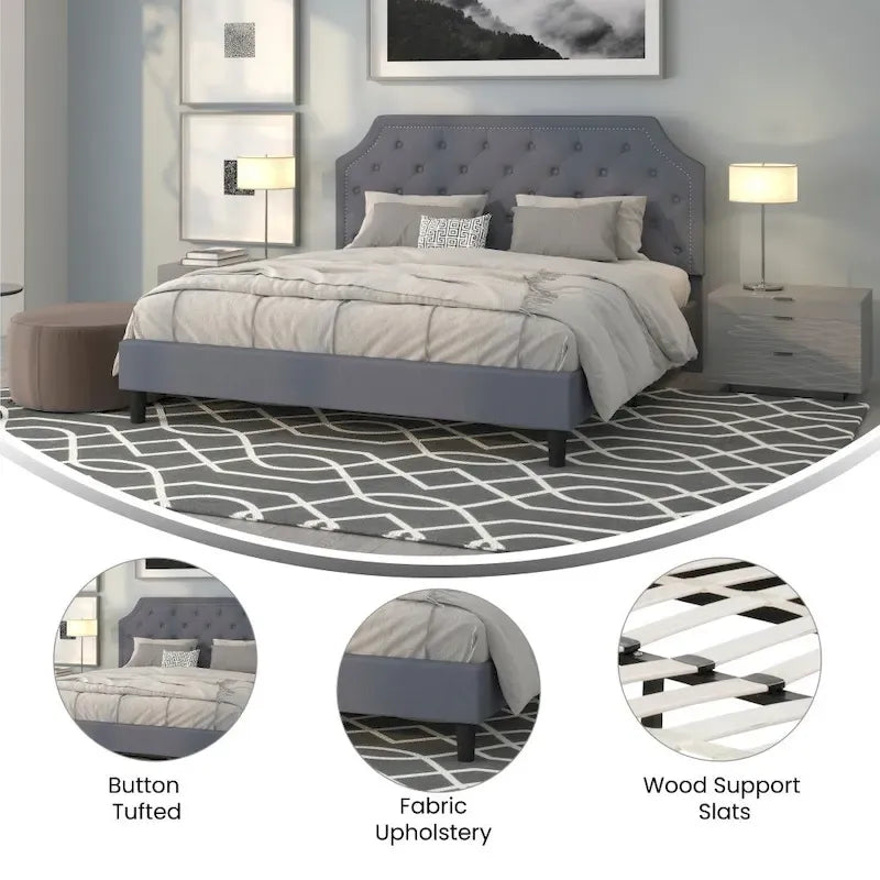 Lit plateforme Queen, tête de lit à panneau arqué, capitonnée, garniture cloutée, 15 lattes en bois, profil bas, gris clair / beige / gris foncé / noir, 2 personnes