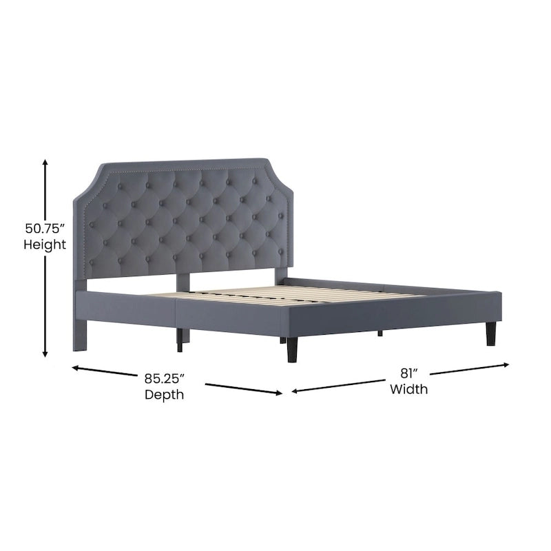 Lit plateforme Queen, tête de lit à panneau arqué, capitonnée, garniture cloutée, 15 lattes en bois, profil bas, gris clair / beige / gris foncé / noir, 2 personnes