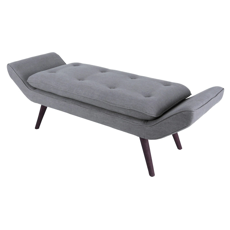 Banc rembourré de style milieu de siècle, capitonné, forme géométrique, pieds en bois, gris acier/lin, usage 1 personne