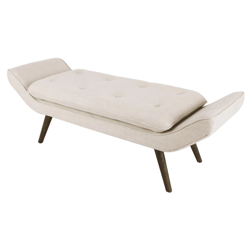 Banc rembourré de style milieu de siècle, capitonné, forme géométrique, pieds en bois, gris acier/lin, usage 1 personne