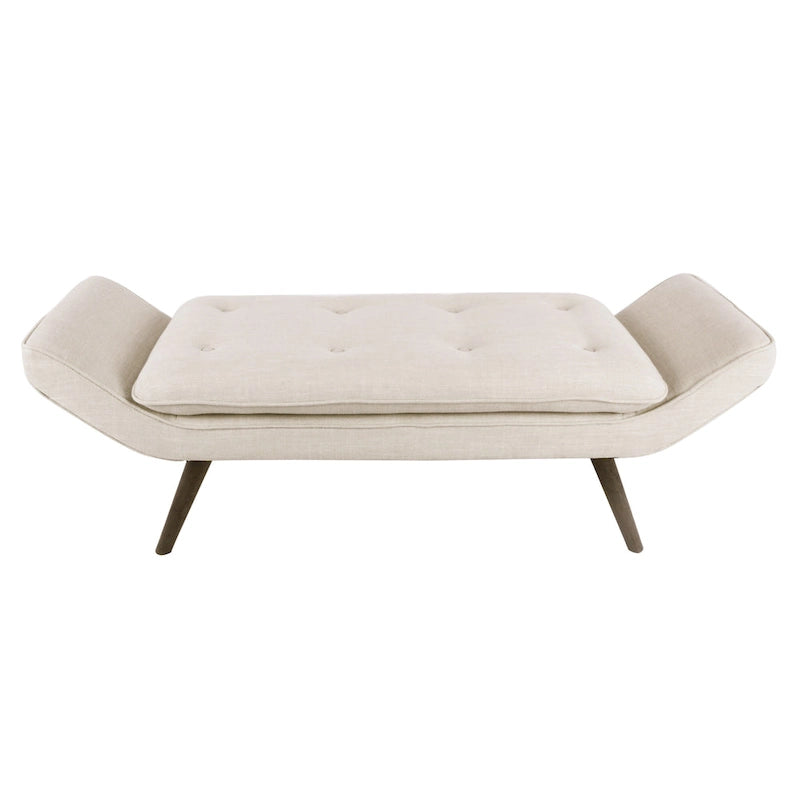 Banc rembourré de style milieu de siècle, capitonné, forme géométrique, pieds en bois, gris acier/lin, usage 1 personne