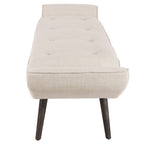 Banc rembourré de style milieu de siècle, capitonné, forme géométrique, pieds en bois, gris acier/lin, usage 1 personne