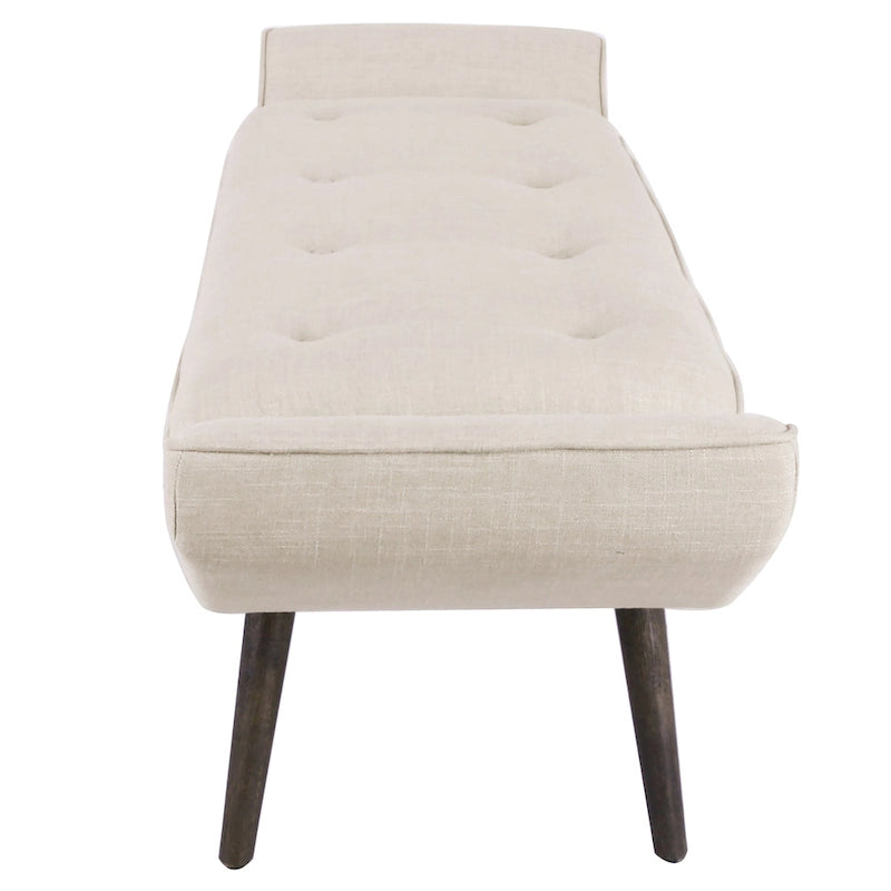 Banc rembourré de style milieu de siècle, capitonné, forme géométrique, pieds en bois, gris acier/lin, usage 1 personne