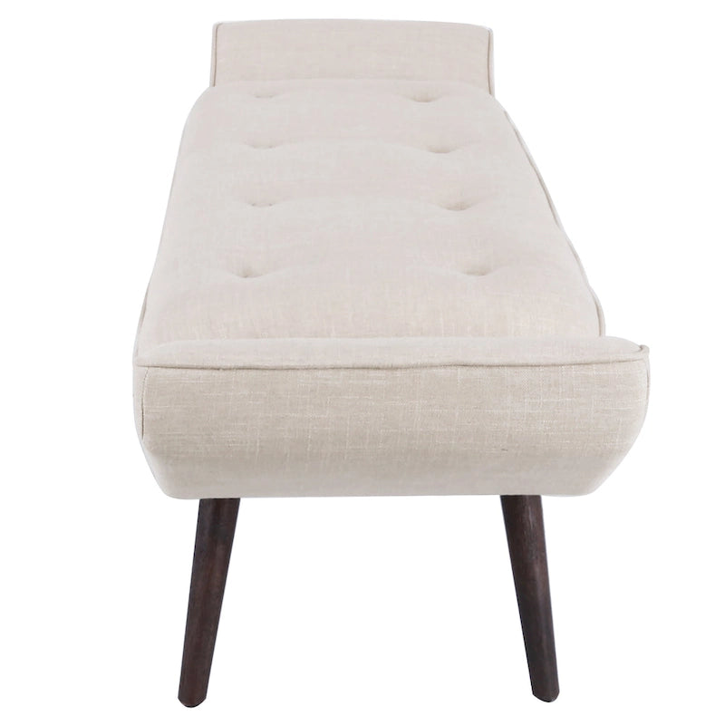 Banc rembourré de style milieu de siècle, capitonné, forme géométrique, pieds en bois, gris acier/lin, usage 1 personne