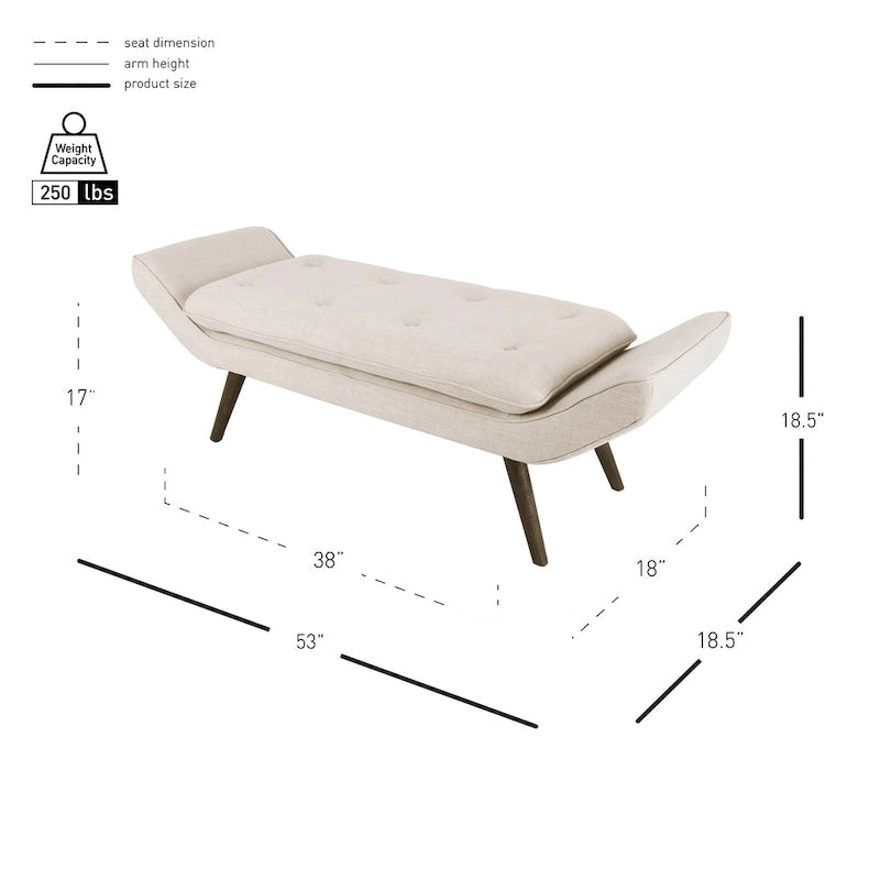 Banc rembourré de style milieu de siècle, capitonné, forme géométrique, pieds en bois, gris acier/lin, usage 1 personne