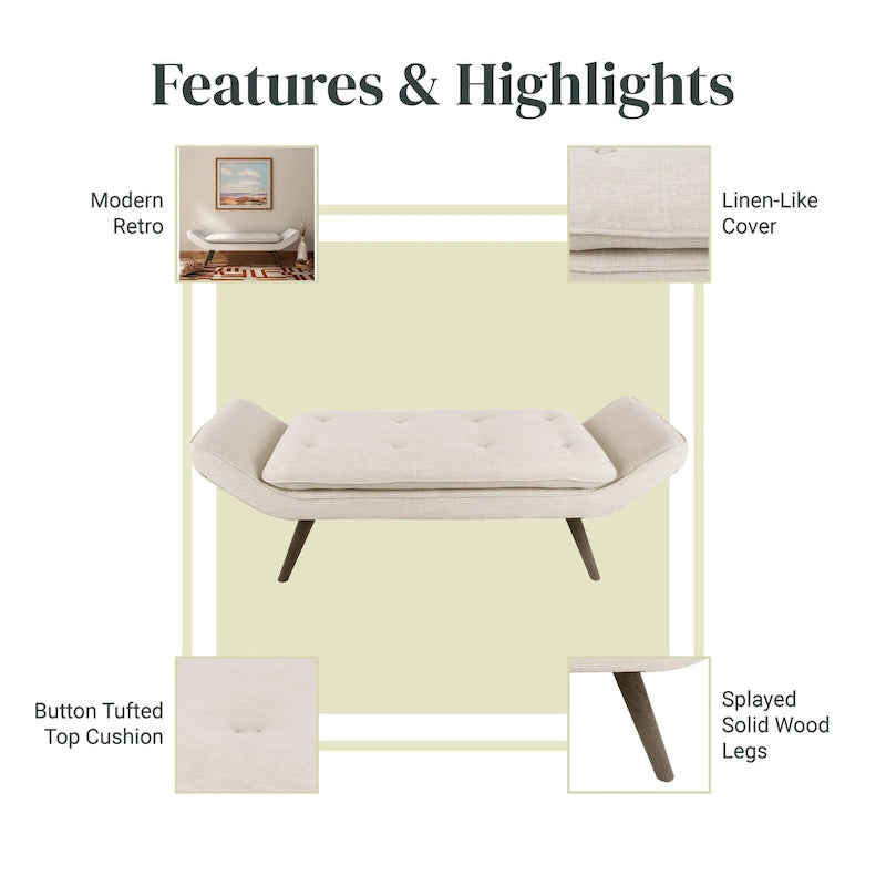 Banc rembourré de style milieu de siècle, capitonné, forme géométrique, pieds en bois, gris acier/lin, usage 1 personne