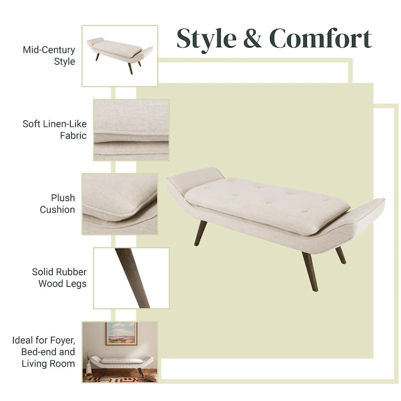 Banc rembourré de style milieu de siècle, capitonné, forme géométrique, pieds en bois, gris acier/lin, usage 1 personne