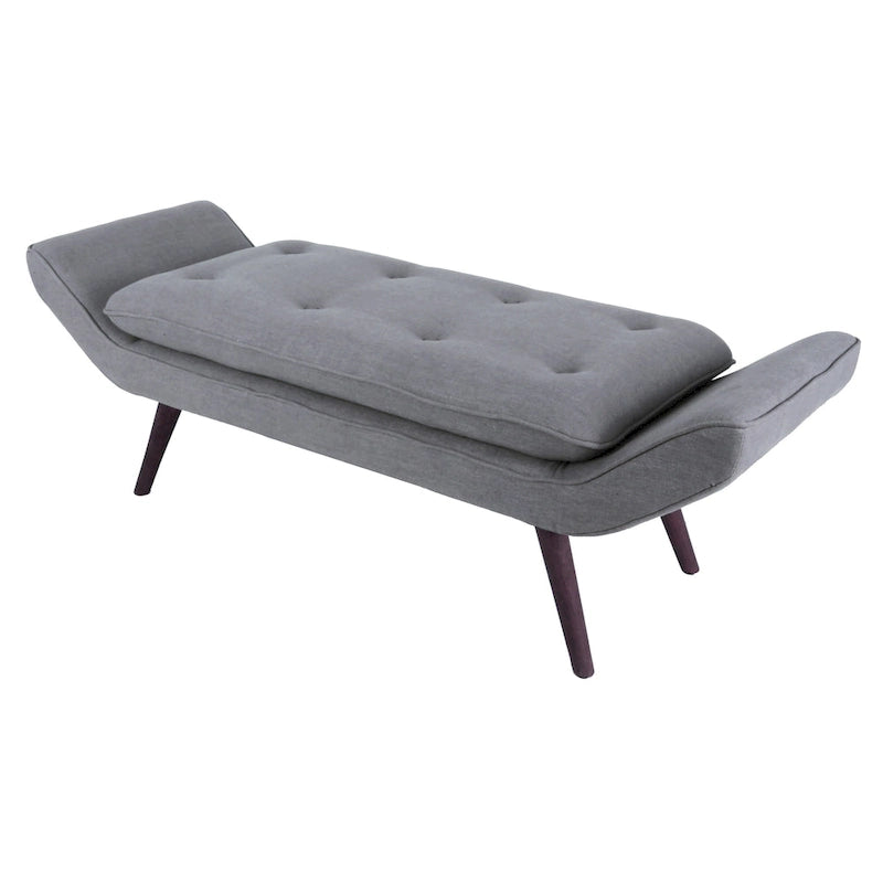Banc rembourré de style milieu de siècle, capitonné, forme géométrique, pieds en bois, gris acier/lin, usage 1 personne