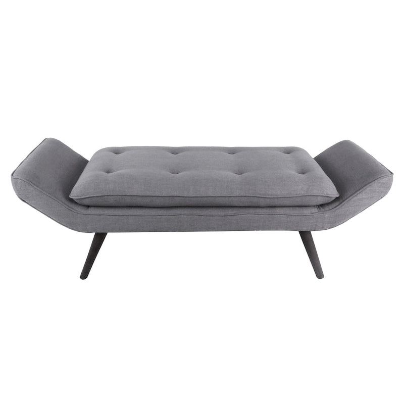 Banc rembourré de style milieu de siècle, capitonné, forme géométrique, pieds en bois, gris acier/lin, usage 1 personne