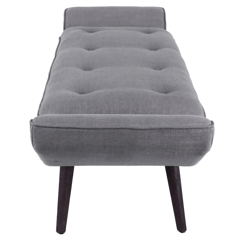 Banc rembourré de style milieu de siècle, capitonné, forme géométrique, pieds en bois, gris acier/lin, usage 1 personne