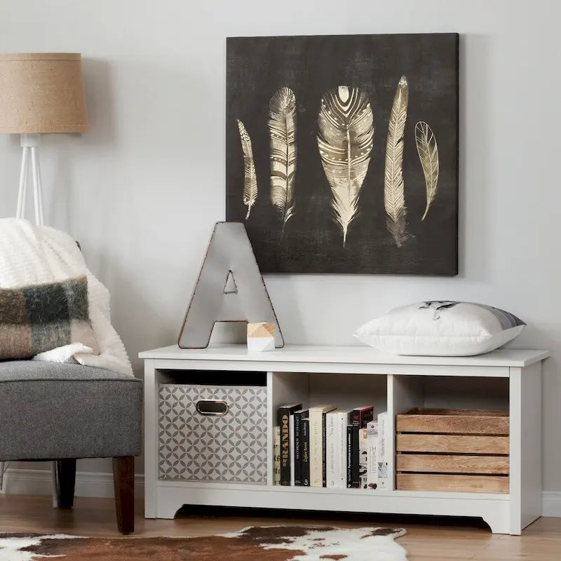 Banc de rangement, 3 casiers ouverts, assise large, panneaux de particules stratifiés, blanc pur / noir pur / chêne gris / chêne vieilli, pour 1 personne