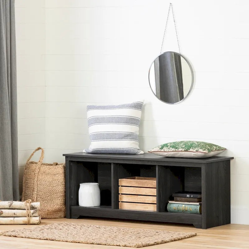 Banc de rangement, 3 casiers ouverts, assise large, panneaux de particules stratifiés, blanc pur / noir pur / chêne gris / chêne vieilli, pour 1 personne