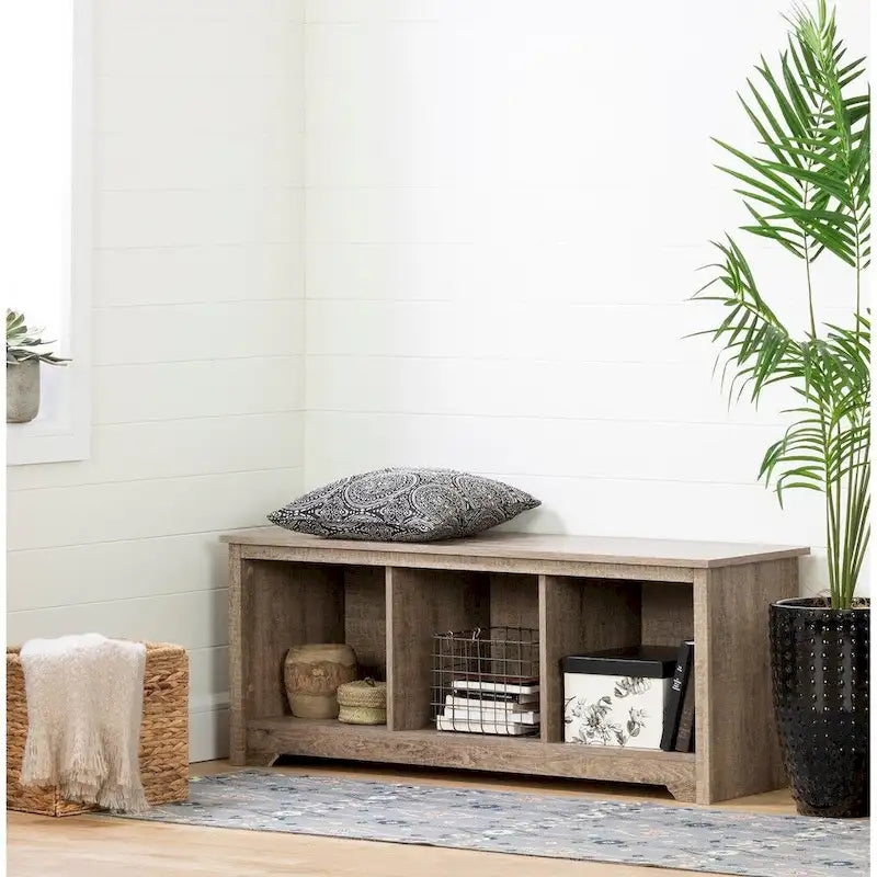 Banc de rangement, 3 casiers ouverts, assise large, panneaux de particules stratifiés, blanc pur / noir pur / chêne gris / chêne vieilli, pour 1 personne
