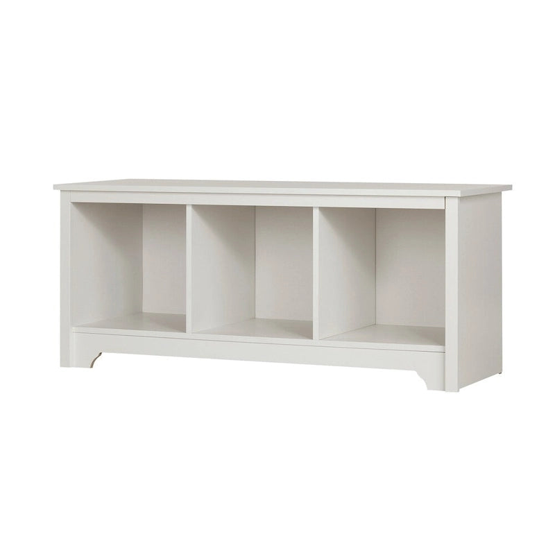 Banc de rangement, 3 casiers ouverts, assise large, panneaux de particules stratifiés, blanc pur / noir pur / chêne gris / chêne vieilli, pour 1 personne
