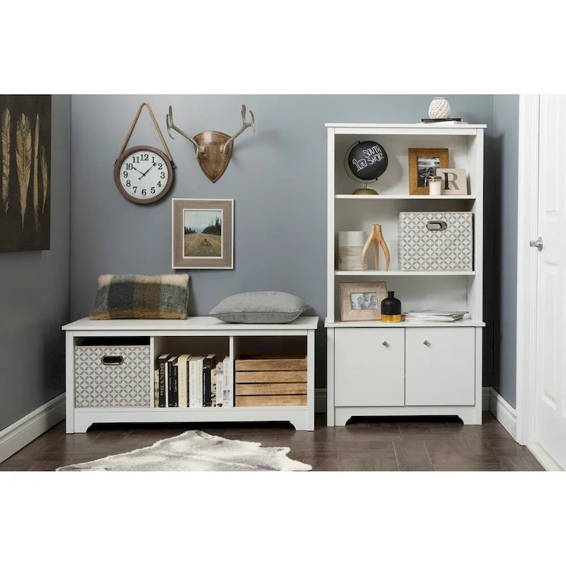 Banc de rangement, 3 casiers ouverts, assise large, panneaux de particules stratifiés, blanc pur / noir pur / chêne gris / chêne vieilli, pour 1 personne
