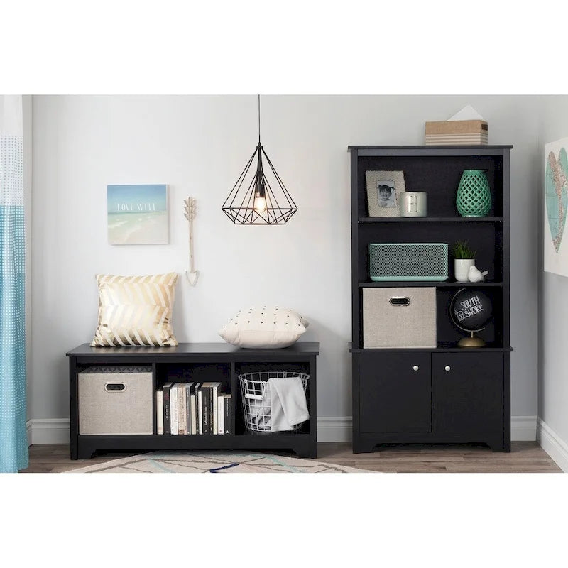 Banc de rangement, 3 casiers ouverts, assise large, panneaux de particules stratifiés, blanc pur / noir pur / chêne gris / chêne vieilli, pour 1 personne