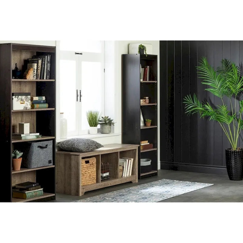 Banc de rangement, 3 casiers ouverts, assise large, panneaux de particules stratifiés, blanc pur / noir pur / chêne gris / chêne vieilli, pour 1 personne