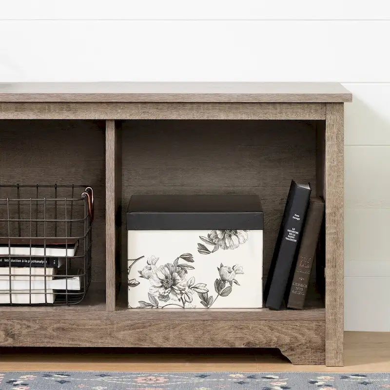 Banc de rangement, 3 casiers ouverts, assise large, panneaux de particules stratifiés, blanc pur / noir pur / chêne gris / chêne vieilli, pour 1 personne