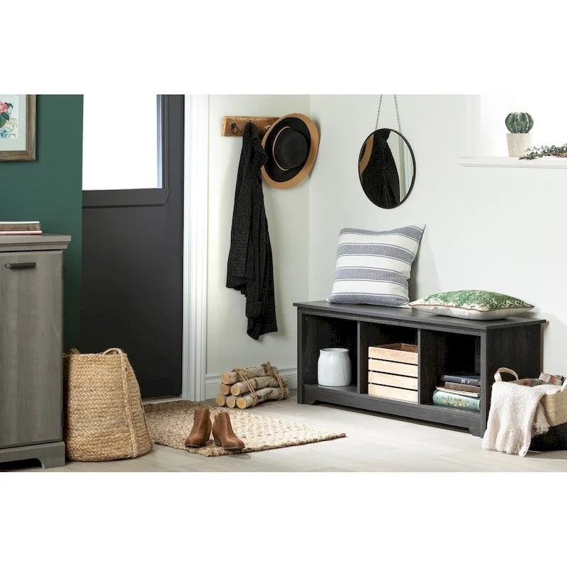 Banc de rangement, 3 casiers ouverts, assise large, panneaux de particules stratifiés, blanc pur / noir pur / chêne gris / chêne vieilli, pour 1 personne