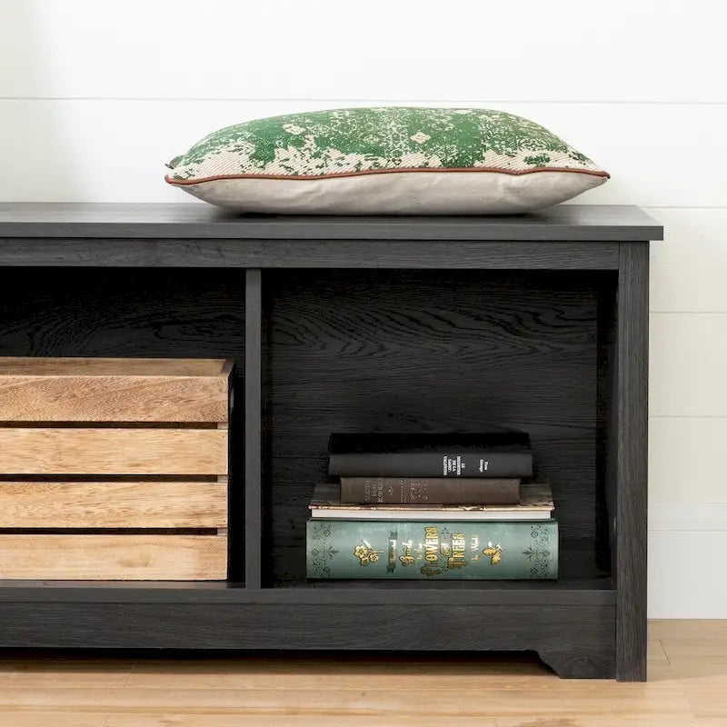 Banc de rangement, 3 casiers ouverts, assise large, panneaux de particules stratifiés, blanc pur / noir pur / chêne gris / chêne vieilli, pour 1 personne