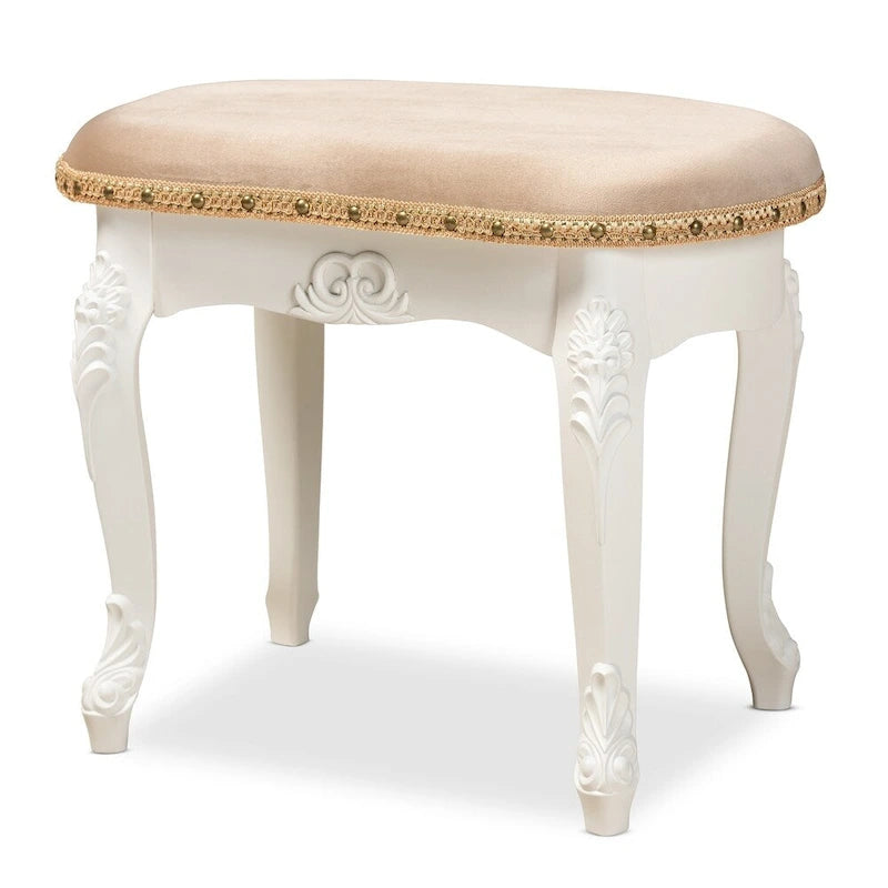Ottoman de coiffeuse, style provençal, revêtement en velours polyester, rembourrage en mousse, garniture de clous en laiton, ornements floraux, sans dossier, sable / blanc / or, pour 1 personne